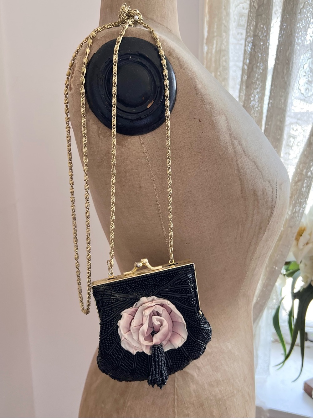 Vintage Glass Beaded Purse with Fabric Flower Evening Bag